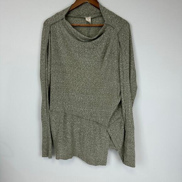 Free People Waffle Knit Pullover Oversized XS Green Cowl Neck Boho Grunge Soft - Picture 1 of 9